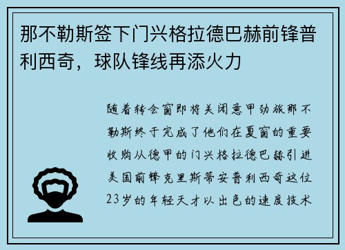 那不勒斯签下门兴格拉德巴赫前锋普利西奇，球队锋线再添火力