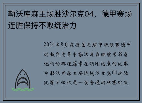 勒沃库森主场胜沙尔克04，德甲赛场连胜保持不败统治力